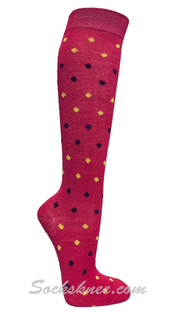 Yellow / Brown Tiny Dots Hot Pink Women Knee high socks - Click Image to Close