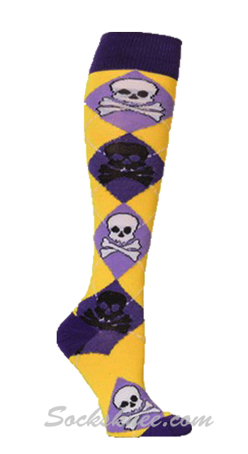 Skulls Yellow Women Purple Lavender Argyle Knee High Socks