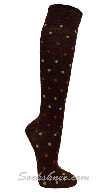 Yellow / Red Tiny Dots Brown Women Knee high socks - Click Image to Close