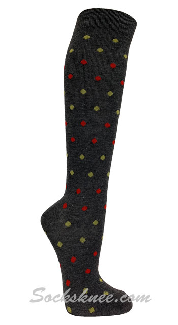 Yellow / Red Tiny Dots Charcoal Women Knee high socks - Click Image to Close