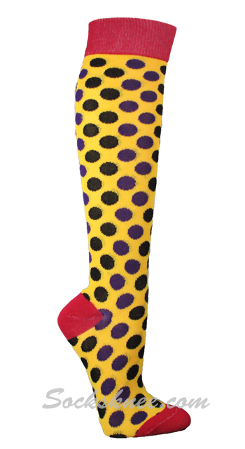 Yellow / Black, Purple Polka Dots Ladies Knee High Socks