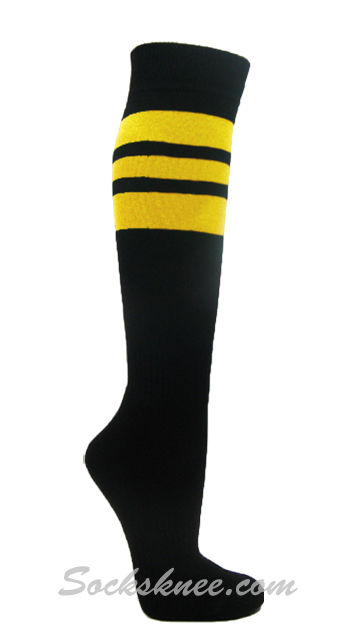 3 Yellow Stripes on Black Cotton Knee High Sock for Sports