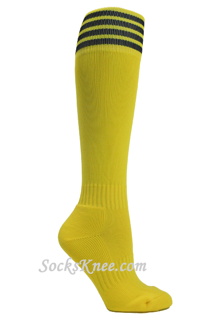 Bright yellow youth Football/Sports knee socks w black stripes - Click Image to Close