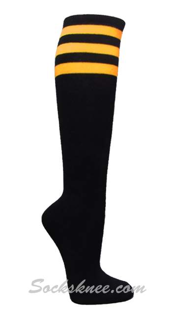 Yellow 3line Striped Black High Socks - Click Image to Close