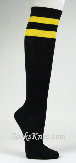 Yellow Striped Black Knee High Socks for Women
