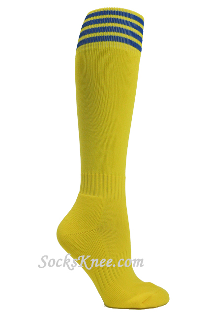Bright yellow youth Football/Sports knee socks w blue stripes - Click Image to Close
