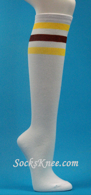 Yellow Brown 3line stripes on White knee high socks for Women