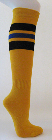 Golden yellow cotton knee socks black blue striped - Click Image to Close
