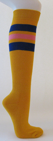 Golden yellow cotton knee socks blue pink striped - Click Image to Close