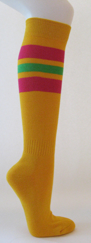 Golden yellow cotton knee socks hot pink green striped - Click Image to Close