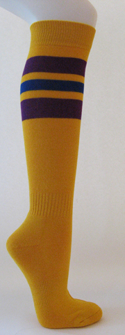 Golden yellow cotton knee socks purple blue striped - Click Image to Close