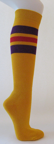 Golden yellow cotton knee socks purple red striped - Click Image to Close