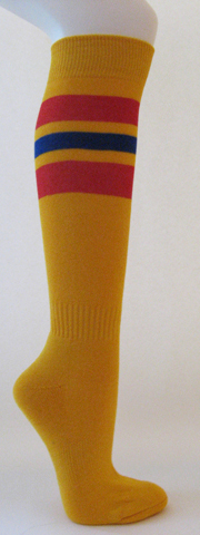 Golden yellow cotton knee socks red blue striped - Click Image to Close
