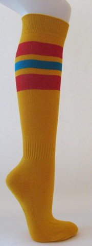 Golden yellow cotton knee socks red bright blue striped - Click Image to Close