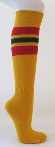 Golden yellow cotton knee socks red dark green striped - Click Image to Close