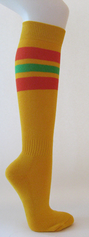 Golden yellow cotton knee socks red bright green striped - Click Image to Close