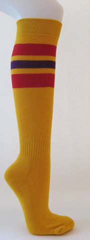 Golden yellow cotton knee socks red purple striped - Click Image to Close