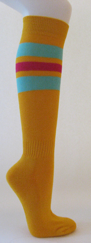Golden yellow cotton knee socks skyblue pink striped - Click Image to Close