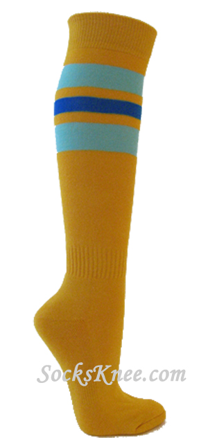 Golden yellow cotton knee socks with skyblue Royal blue striped
