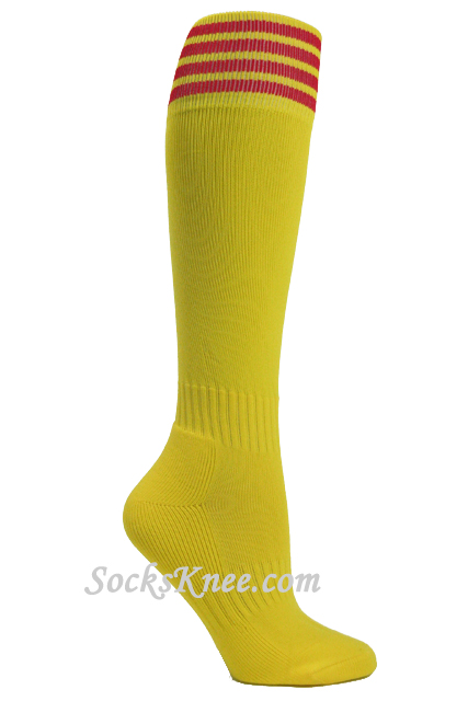Bright yellow youth Football/Sports knee socks w red stripes - Click Image to Close