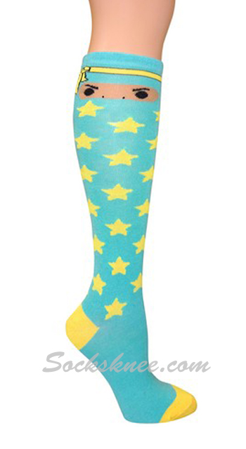 Light Sky Blue Ninja Knee Hi Socks with Yellow Stars
