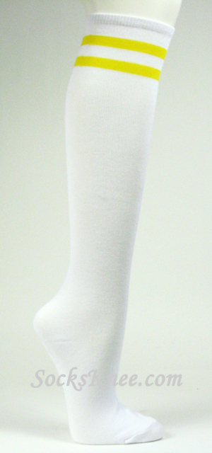 2 Yellow Striped White Knee Socks for Women - Click Image to Close