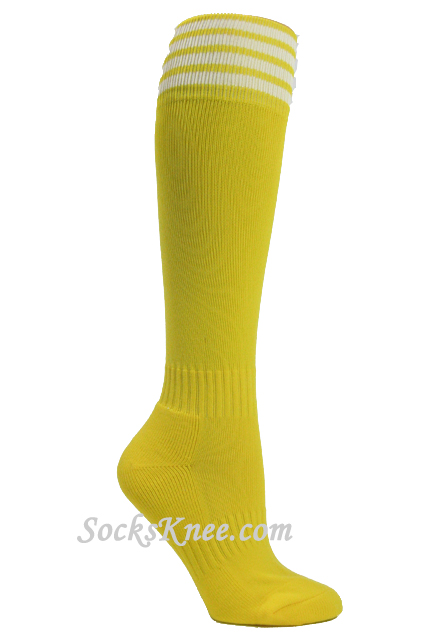 Bright yellow youth Football/Sports knee socks w white stripes - Click Image to Close