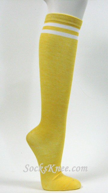 Yellow with White Stripes Womens High Knee Socks