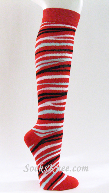Zebra Striped Red Knee Socks for Women - Click Image to Close