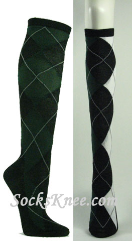 black white dark green argyle socks knee