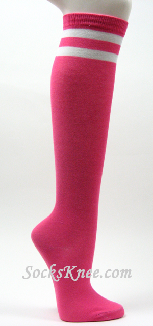 2 White Stripes Bright Pink Fashion Knee High Socks - Click Image to Close