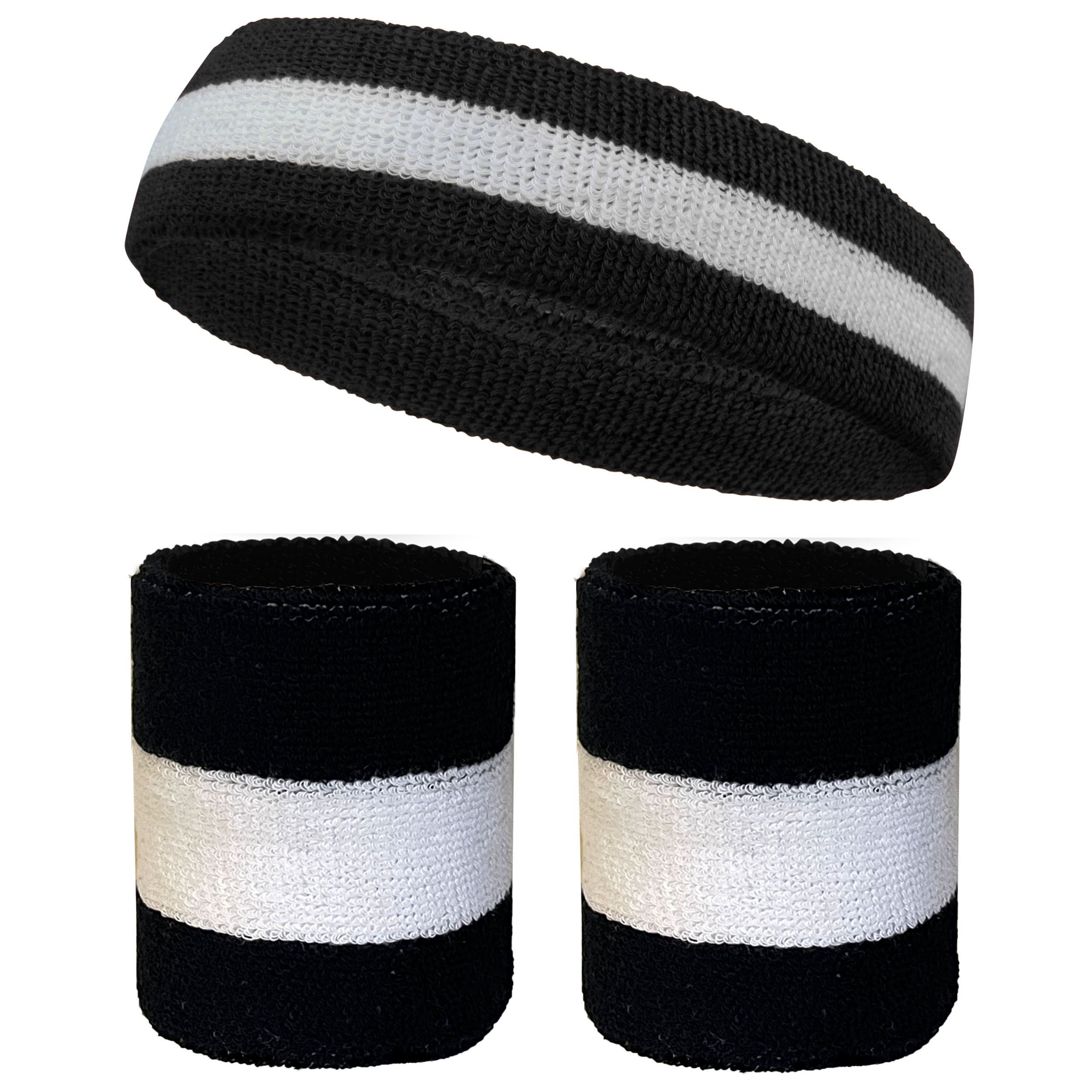 White with Black Striped Quality Headband & Wristbands Set - Click Image to Close