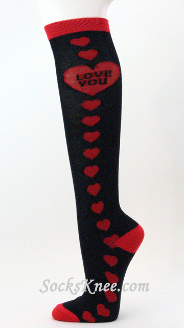 LOVE YOU Black Knee Socks with Hearts - Click Image to Close