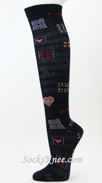 LOVE Navy Knee Socks with Hearts - Click Image to Close