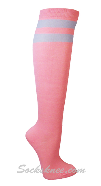 Light Pink and 2 White Stripes Knee High Socks for Women, Junior - Click Image to Close