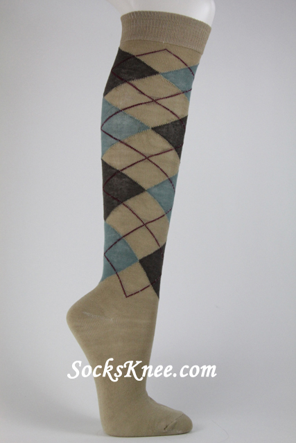 Beige with Brown Tea Green Argyle socks knee high - Click Image to Close