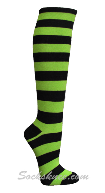 Black and Lime Green Striped Knee High Socks for Women - Click Image to Close