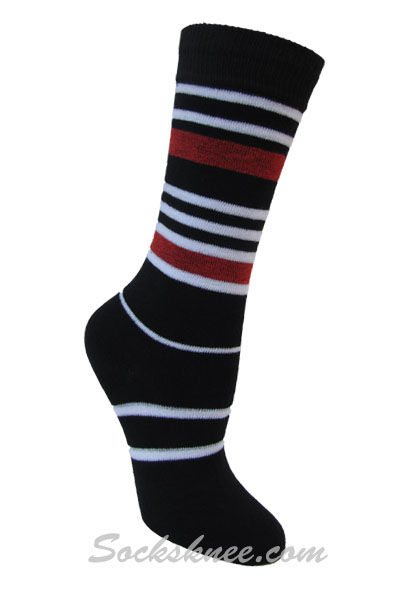 Men's Black Designed Dress socks with Red / White Stripes - Click Image to Close