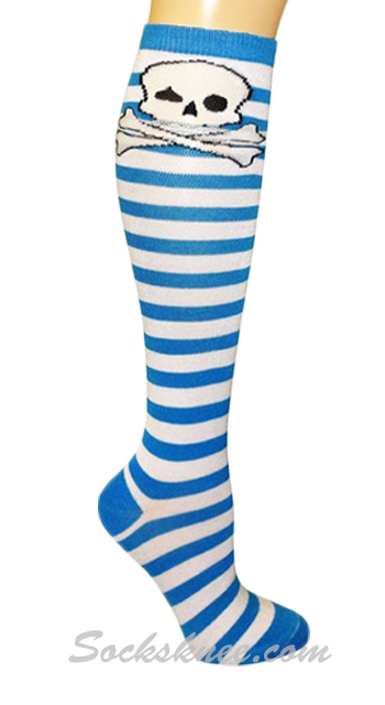 Bright Blue White Striped Women Skull Socks Knee High - Click Image to Close