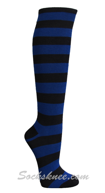 Black and Blue Wider Striped Knee High Socks for Women - Click Image to Close