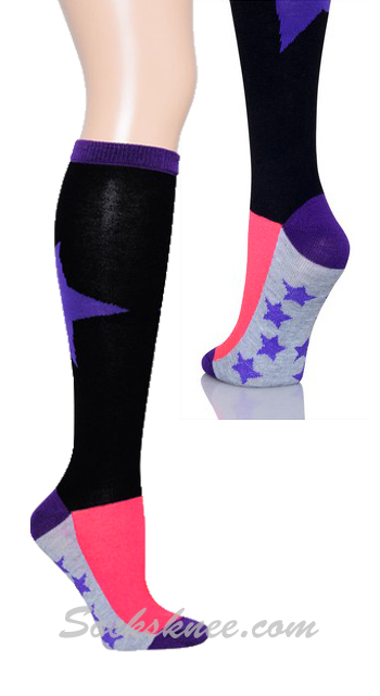 Purple Bold Star-Mini Stars Black Knee High Socks - Click Image to Close