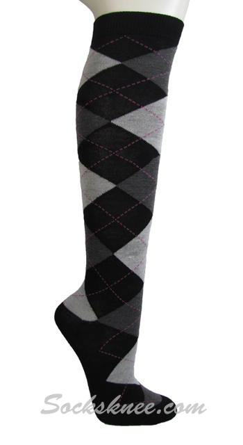 Black Charcoal Gray Women Argyle Knee Sock - Click Image to Close