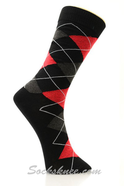 Black Red Charcoal Argyle Cotton Mid-Calf Dress socks