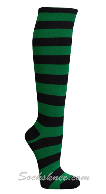Black and Green Wider Striped Knee High Socks for Women - Click Image to Close