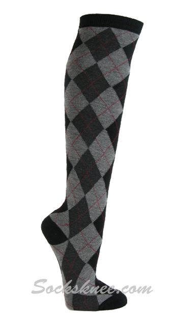 Black with gray argyle socks knee high - Click Image to Close