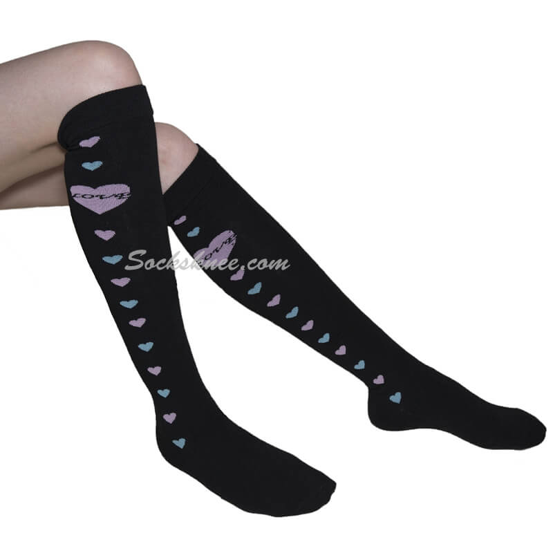 Black Women Cotton High Socks with Lavender Heart and Love - Click Image to Close
