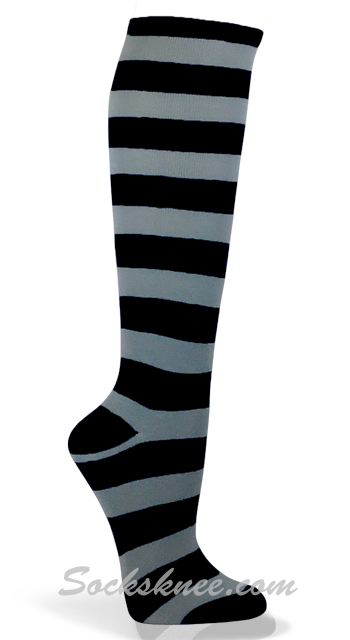 Black and Light Gray Fashion Wider Striped Knee High Socks for Women - Click Image to Close