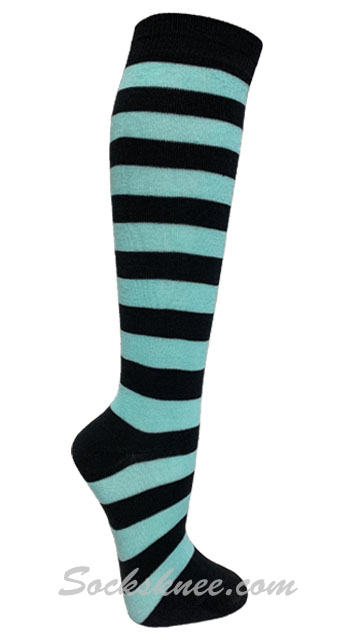 Black / Light Sky Blue Women Wider Striped Knee Socks