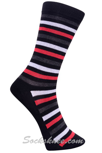 Black Men's Charcoal White Red Stripes Dress Socks - Click Image to Close