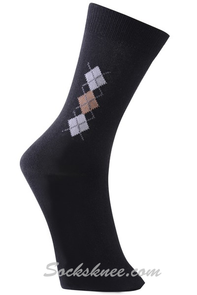 Black White Beige Men's Mini Diamond Mid Calf Dress socks - Click Image to Close